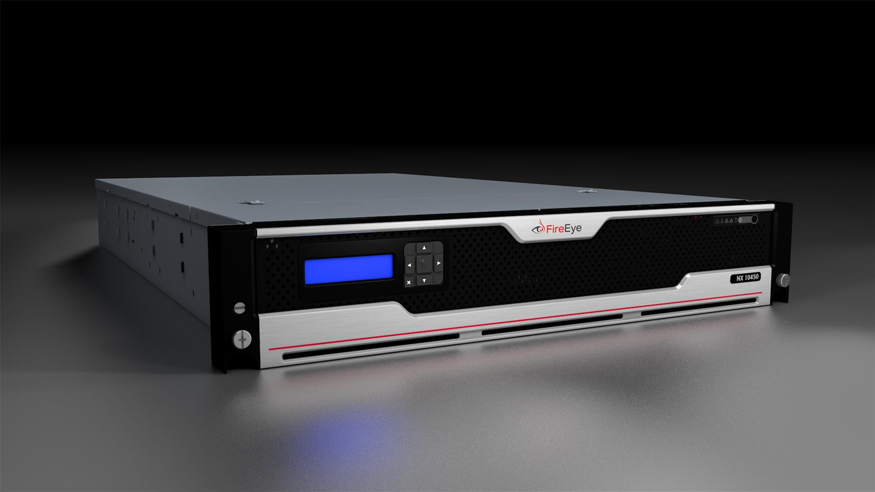 FireEye NX 10450 rack-mount appliance photographed on a dark reflective surface, front panel visible