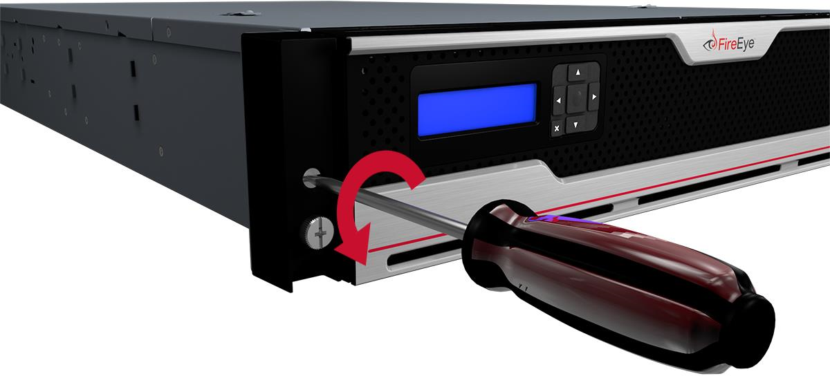 Front bezel of appliance with a screwdriver engaging the screw to the left of the bezel; a red curved arrow indicates counterclockwise rotation to unlatch the bezel.