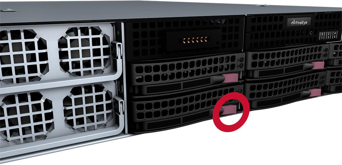 Close-up view of the left side of the drive bays focusing on the maroon release button and latch handle; the maroon button is circled in red.