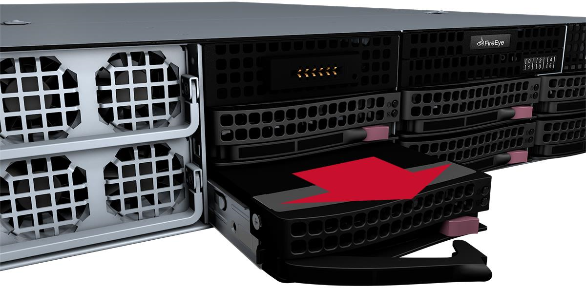 Perspective image of a disk drive partially slid out of its slot with a large red arrow printed on the drive indicating the removal direction; fans and neighboring bays visible on the left.