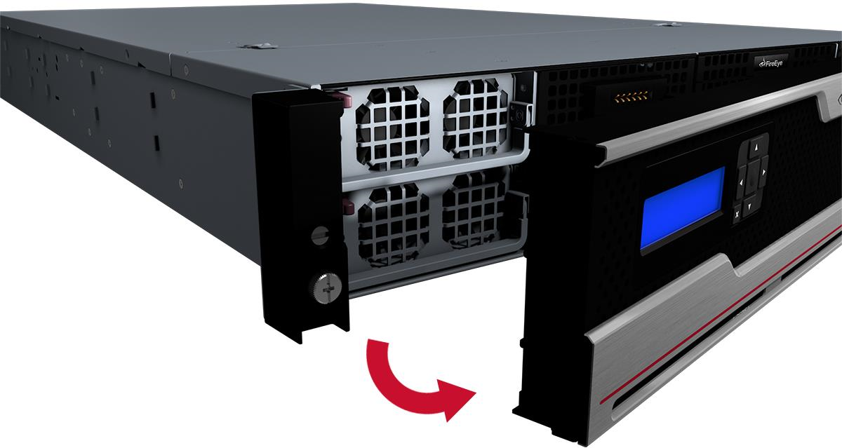 Front of an NX 10450 appliance with the bezel removed revealing the power supply unit; a red curved arrow indicates the bezel being pulled away