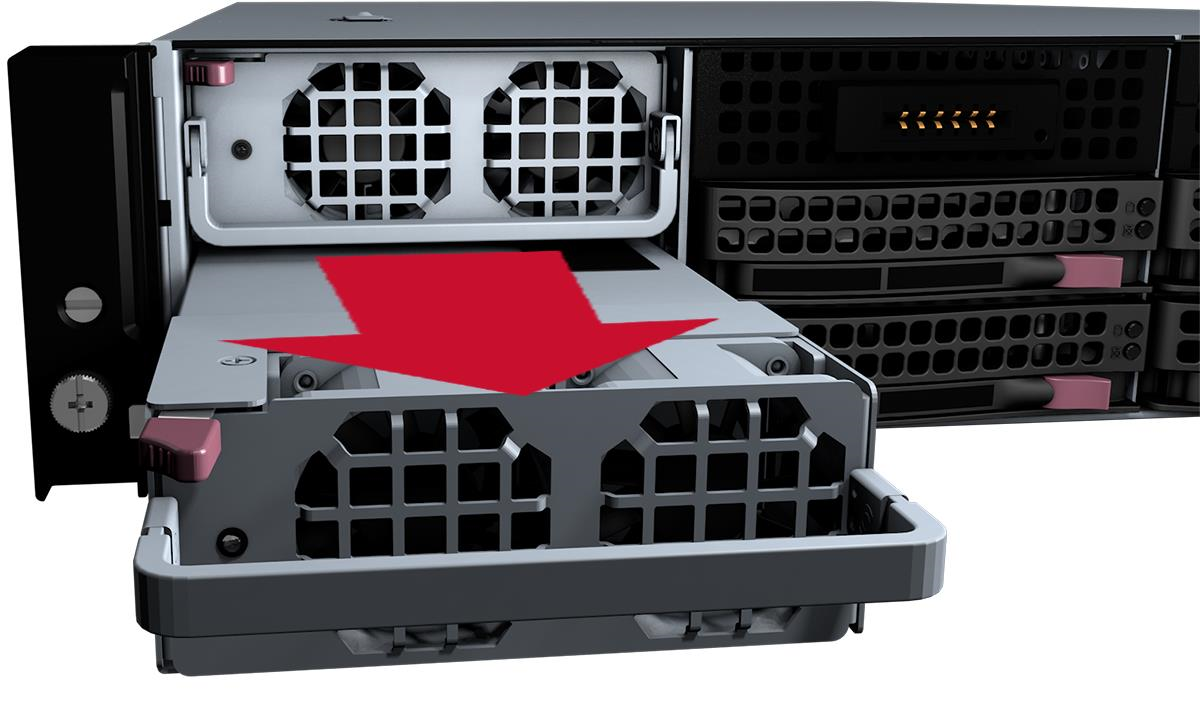 Close-up of the power supply unit being slid out of the chassis, showing internal fans and a large red downward arrow on the PSU