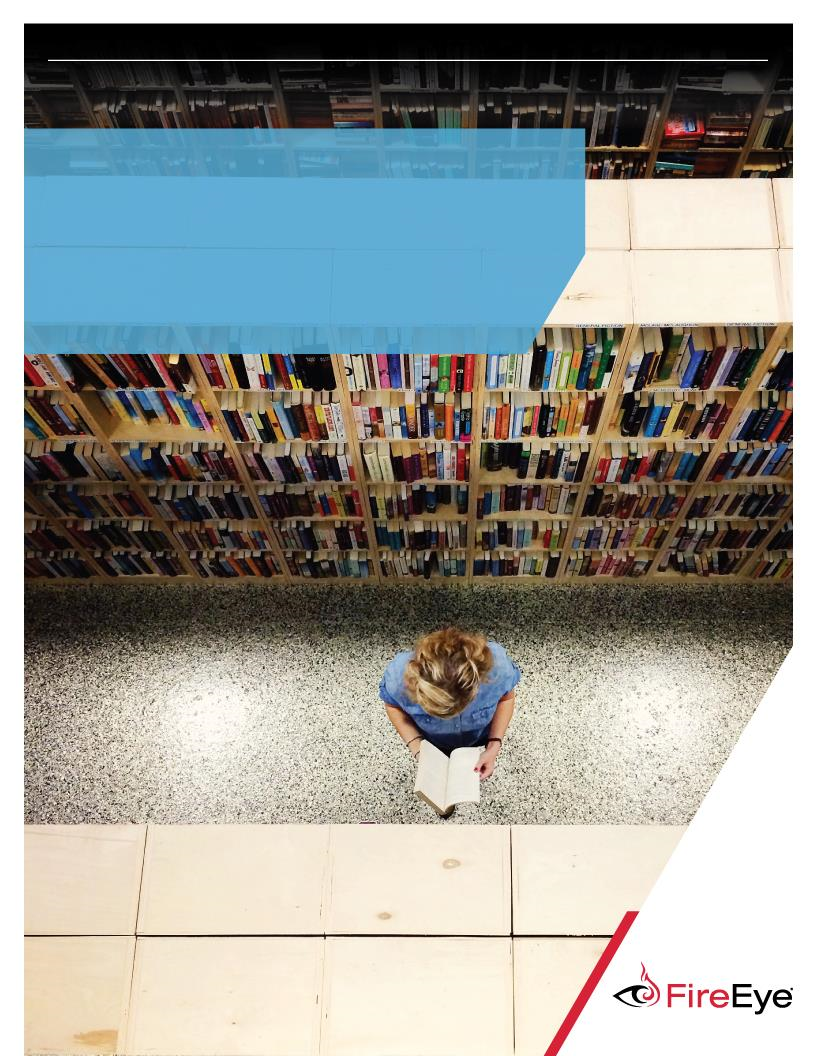 Overhead bookstore photo showing rows of bookshelves at the top and a person seated on the floor reading in the center; a large translucent blue geometric banner overlays the upper-left of the image; the FireEye logo appears in the bottom-right corner