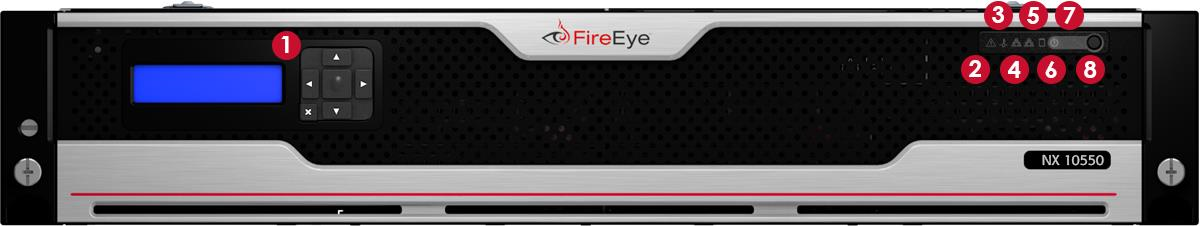 FireEye NX 10550 front bezel image showing the removable bezel with a left-side LCD panel and a series of numbered red callouts (1 through 8) on the right side indicating LEDs and buttons