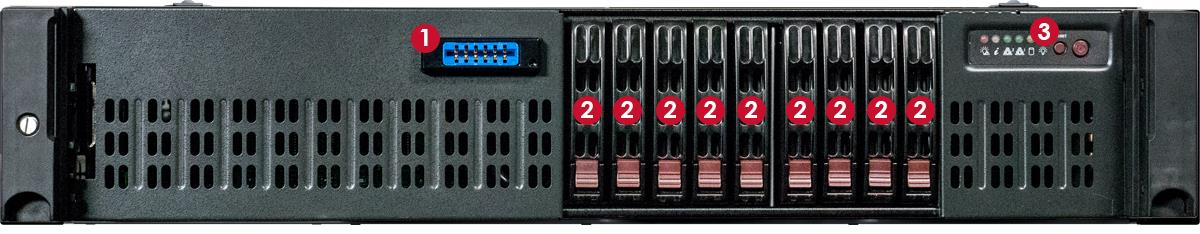 Front chassis photograph showing LCD panel port, multiple disk drive carriers with numbered red markers, and the reset button on the right bezel.