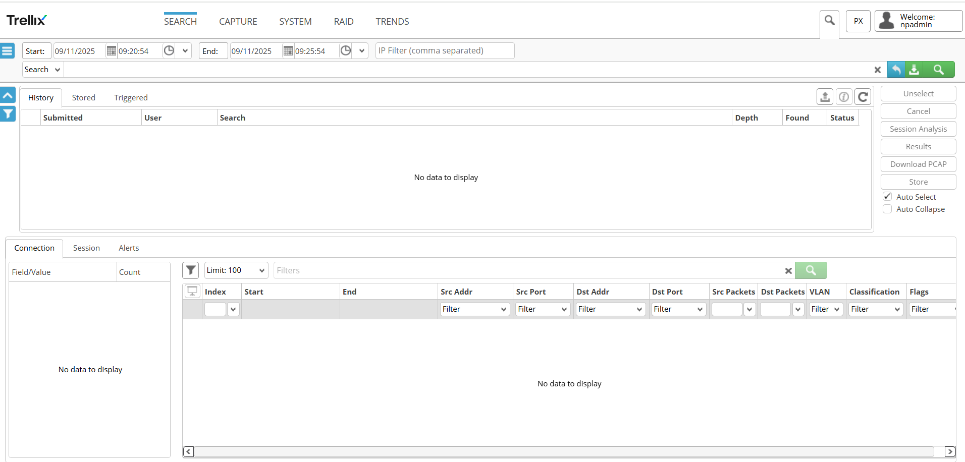 Screenshot of the PX Web UI showing the Trellix header, search controls (start/end time, IP filter), and large results panes with toolbar and session controls on the right.