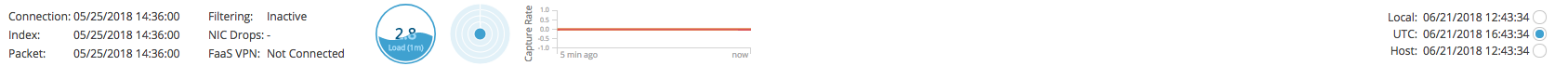PX Web UI status bar showing Connection, Index, Packet timestamps and small graphical widgets