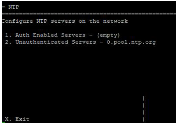 Terminal-style screen titled Configure NTP servers on the network showing menu with 1. Auth Enabled Servers - (empty) and 2. Unauthenticated Servers - 0.pool.ntp.org