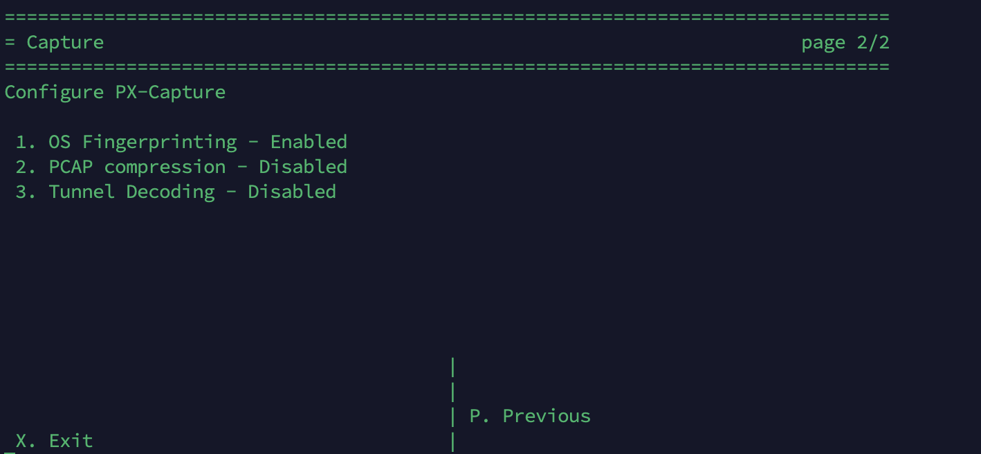 Terminal-style dark UI showing a Capture header and Configure PX-Capture menu. The menu lists items such as 1. OS Fingerprinting - Enabled, 2. PCAP compression - Disabled, 3. Tunnel Decoding - Disabled and shows navigation keys like X. Exit and P. Previous with a page indicator page 2/2.