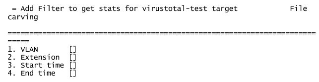 CLI-style table showing Add Filter to get stats for ..., a numbered list of filters such as VLAN, Extension, Start time, End time, and the file carving table layout