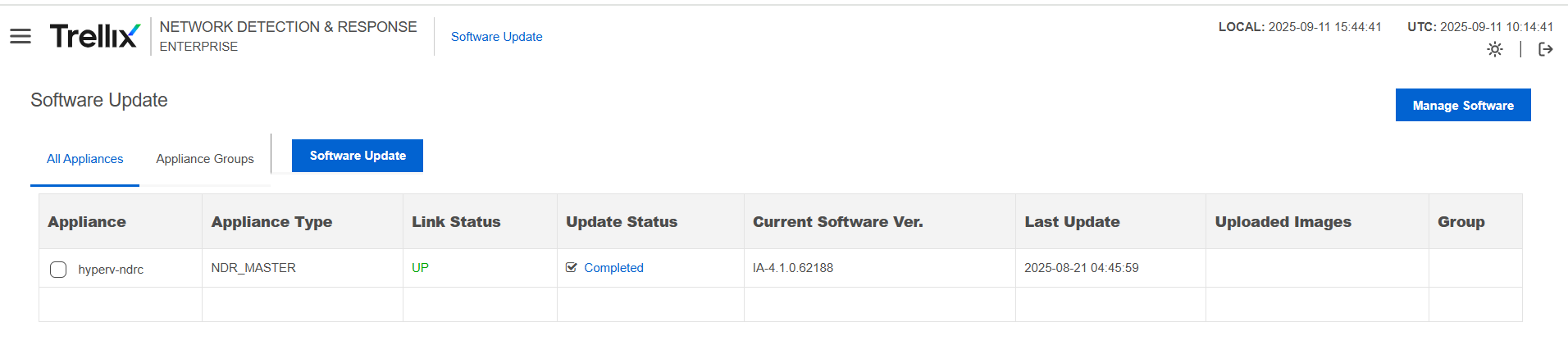 Screenshot of the Network Detection & Response Web UI Software Update page showing the Software Update table and the Manage Software button