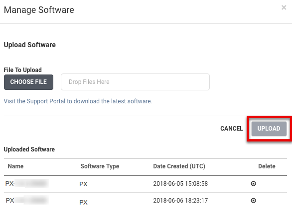 Close-up screenshot showing the UPLOAD button highlighted in the Manage Software dialog.