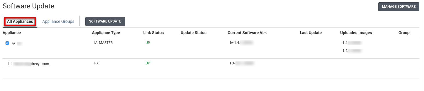 Software Update screen showing tabs with All Appliances (highlighted), Appliance Groups, and SOFTWARE UPDATE. The main area shows a table with columns: Appliance, Appliance Type, Link Status, Update Status, Current Software Ver., Last Update, Uploaded Images, and Group. A MANAGE SOFTWARE button is visible on the top-right of the panel.