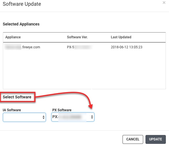 Software Update modal showing a Selected Appliances table with appliance hostname, software version (PX-5...), and last updated timestamp; below the table a Select Software area with IA Software and PX Software dropdowns and Cancel and Update buttons — screenshot highlights selecting PX Software with a red arrow and a red-outlined Update button.