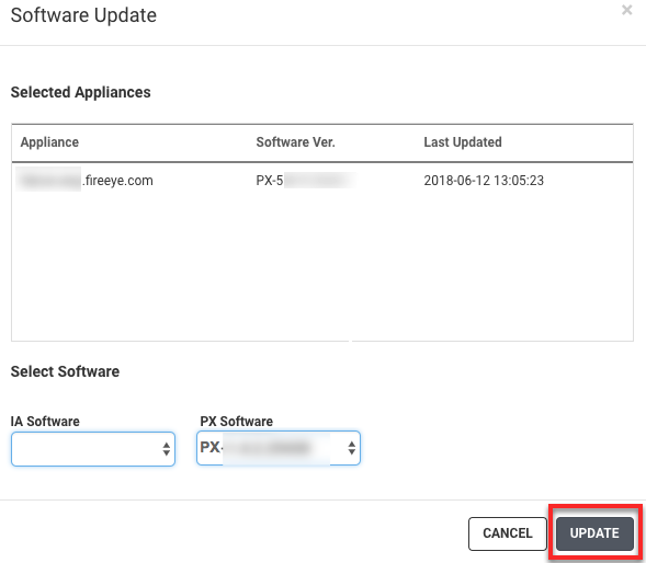 Software Update confirmation area showing the PX Software dropdown and the Update button highlighted with a red border; modal background and form controls visible.