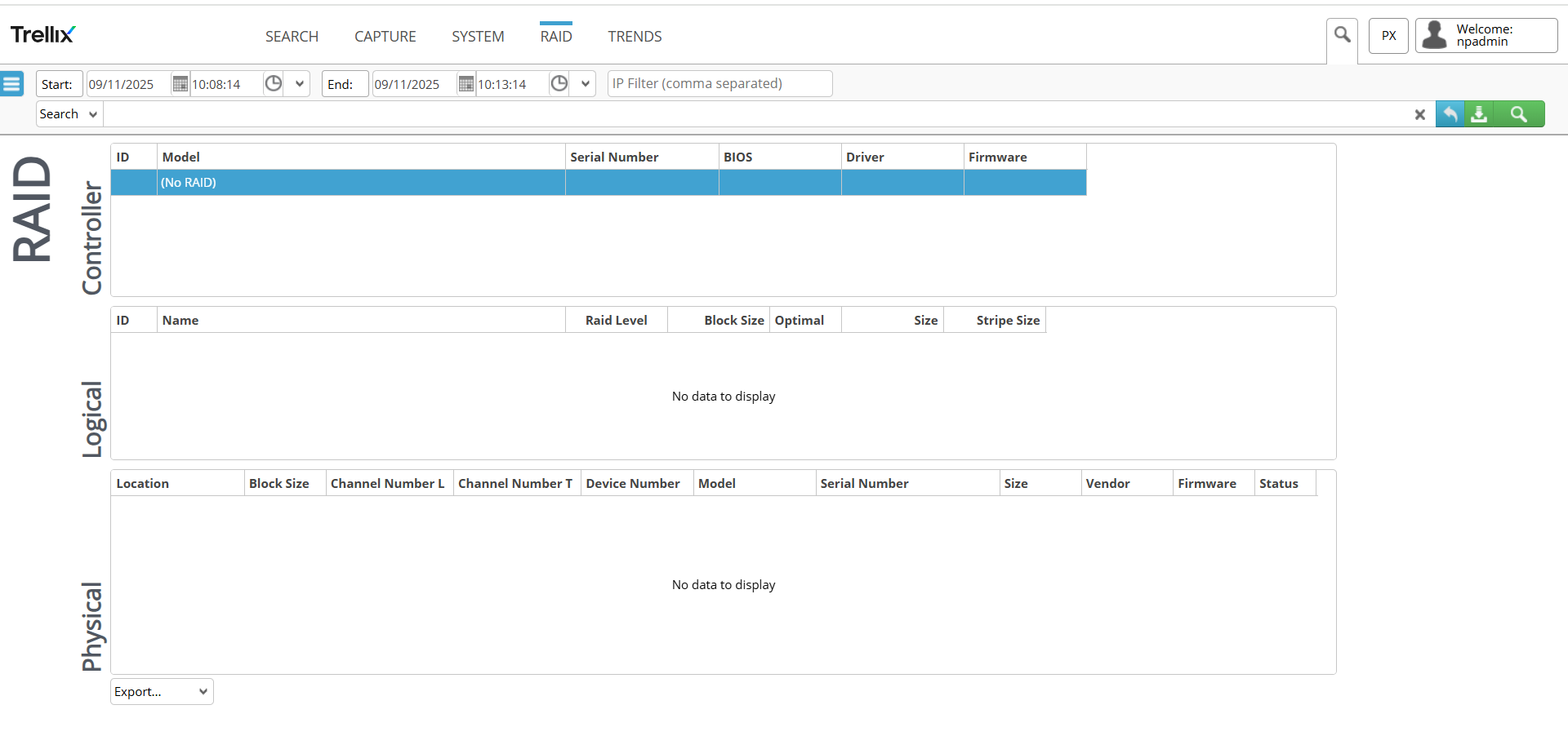 Screenshot of the PX Series Web UI RAID section showing the RAID controller area with Controller, Logical, and Physical tables — tables display No data to display rows and an Export dropdown at the lower left of the window.