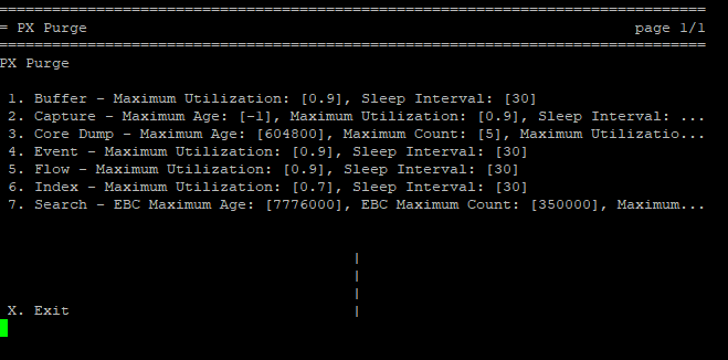 PX Purge menu showing options such as Buffer, Capture, Core Dump, Event, Flow, Index, Search with their Maximum Age/Maximum Utilization/Sleep Interval settings and an X. Exit prompt at the bottom.
