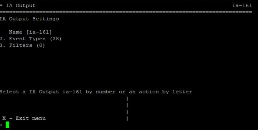 A black terminal screenshot showing an IA Output menu with options such as Name [ia-161