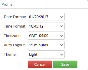 PX Web UI Profile settings panel showing a Welcome: cpx avatar and profile form with fields for Date Format, Time Format, Timezone (GMT -04:00), Auto Logout, Theme, and visible Cancel and Save buttons