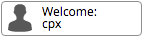 Small rounded rectangular button showing a user silhouette icon and the text Welcome: cpx