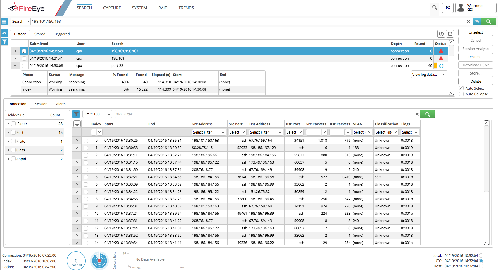 PX web UI screenshot showing the Search dashboard with a large results table in the center, a filters panel on the left, and control buttons and options on the right.