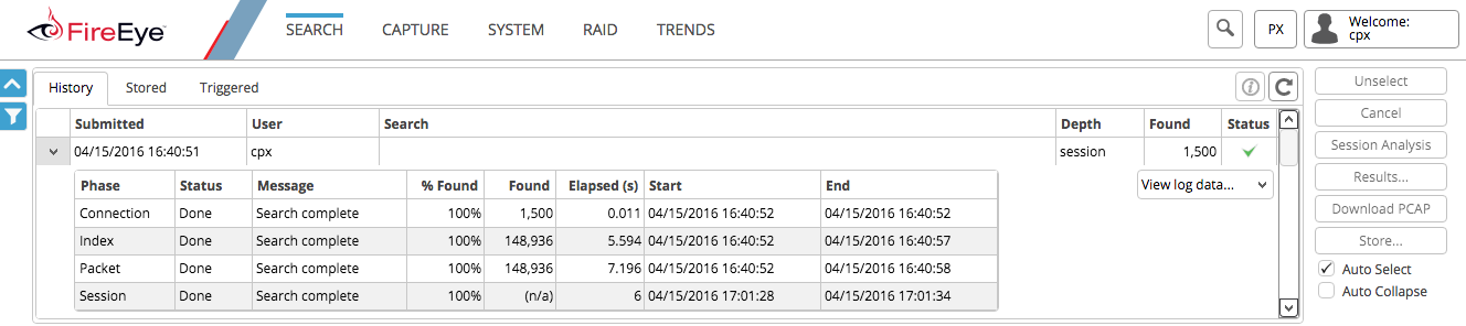 FireEye PX Web UI Search page screenshot showing the History / Stored / Triggered tabs and a results table with columns Phase, Status, Message, % Found, Found, Elapsed (s), Start, End and right-side controls.