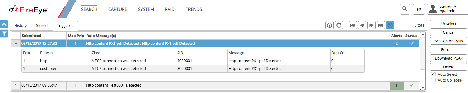 FireEye PX Web UI Triggered tab screenshot showing triggered search entries with Submitted timestamps, Max Prio, Rule Message(s), and a table listing rules (e.g., http, customer) with SID and Message columns and alert counts; right-side control panel visible.