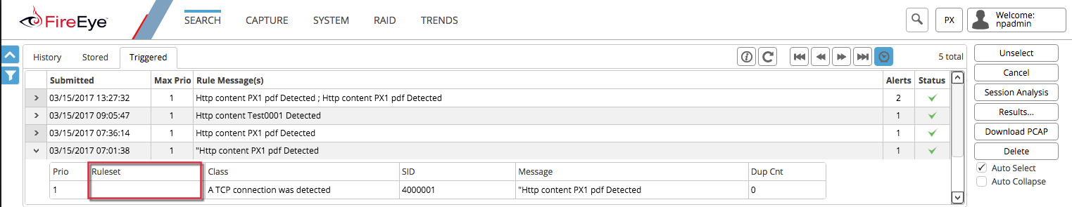 Screenshot of the PX Web UI 'Triggered' search results showing a results table and an empty highlighted Ruleset field within the details pane.