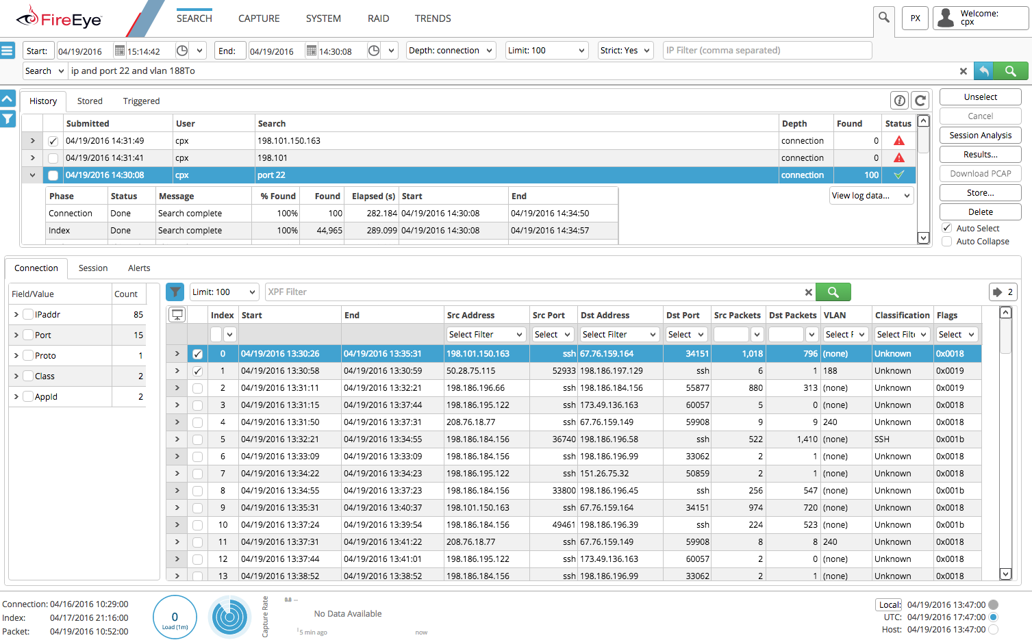 Screenshot of the PX Web UI 'Connection' search results showing the connections table with a Classification column indicating application types (examples include entries marked Unknown).