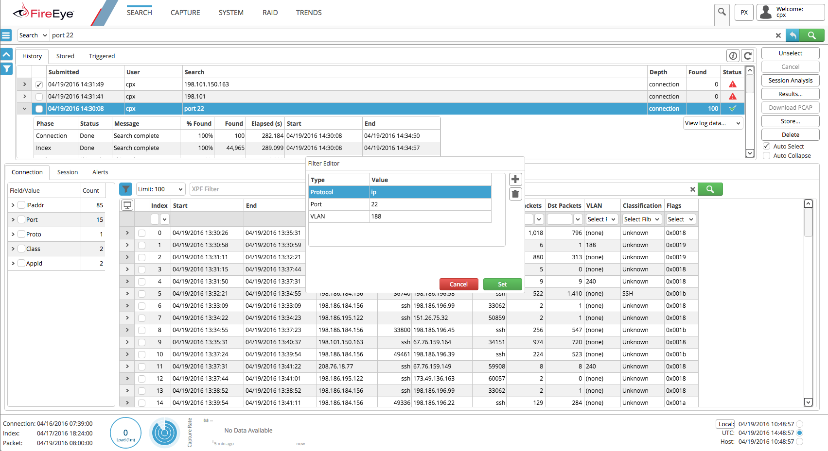Screenshot of the FireEye Search interface showing the results table and a Filter Editor dialog with fields Protocol = ip and Port = 22; the UI includes Connection, Session panes and a list of connections and packet counts.