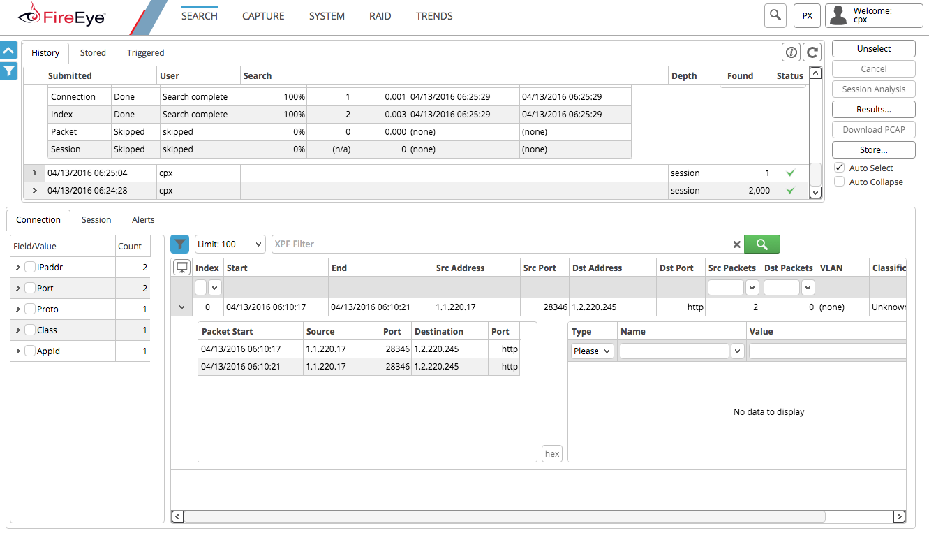 FireEye application screenshot showing the SEARCH interface and a Connection/Session detail pane with tables, filters and packet rows.