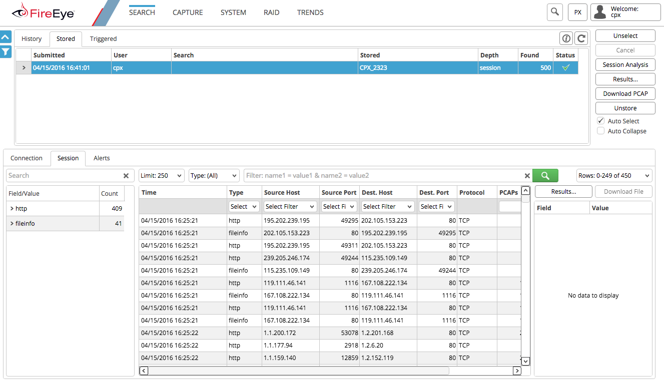 Screenshot of a FireEye user interface showing the Search tab with a session table, search controls, limit/type/filter inputs, and a results pane with session rows and a right-hand actions panel.