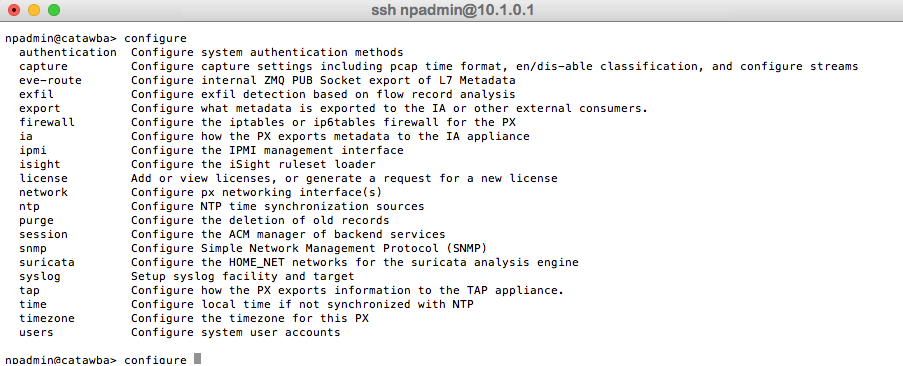 Terminal window titled ssh npadmin@10.1.0.1 showing the output of the configure command — a long list of subcommands (authentication, capture, eve-route, exfil, export, firewall, ia, ipmi, isight, license, network, ntp, purge, session, snmp, suricata, syslog, tap, time, timezone, users, etc.) in monospaced text