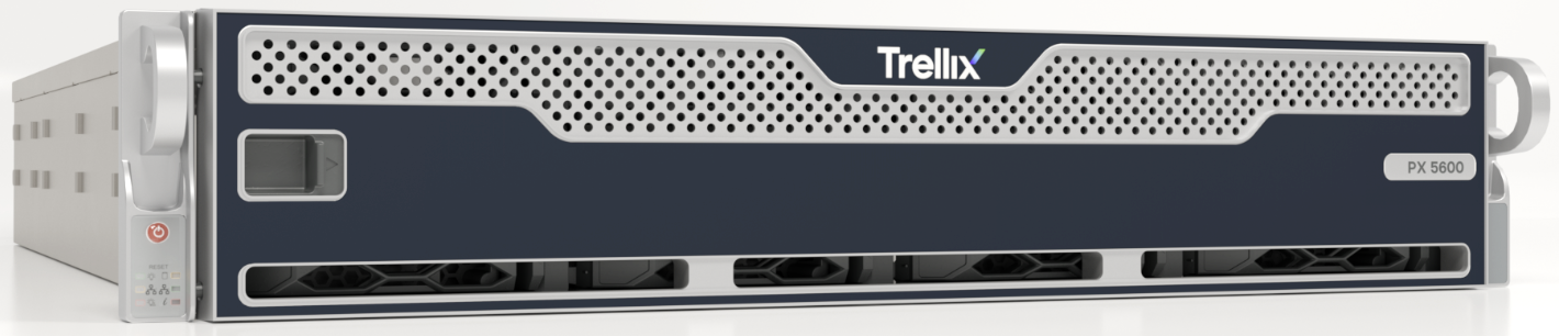 Front view of the Trellix PX 5600 rack appliance showing the perforated grille, Trellix logo, and front handles