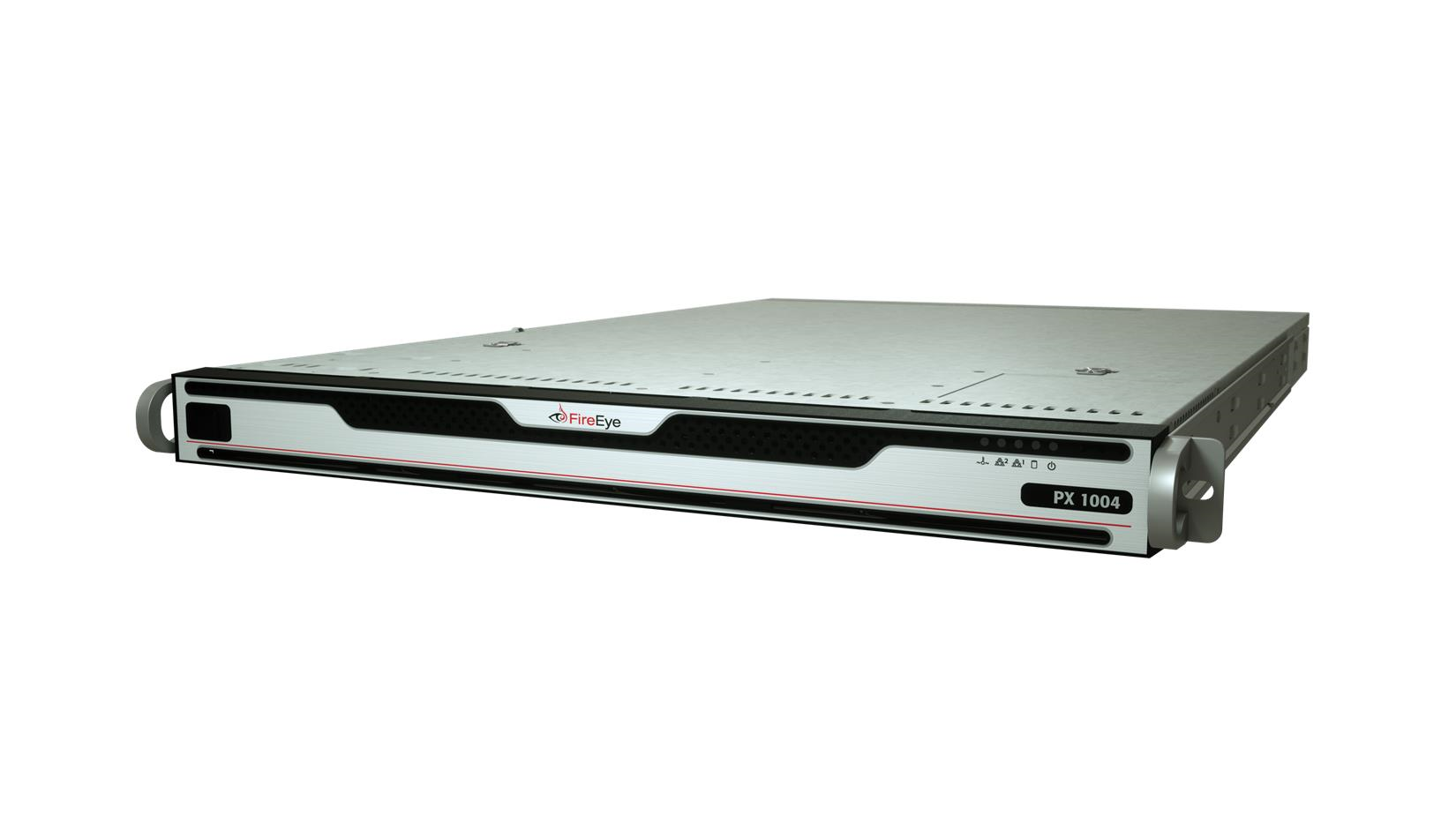 Front view of a FireEye PX 1004S6 1U rack appliance, silver chassis with FireEye logo