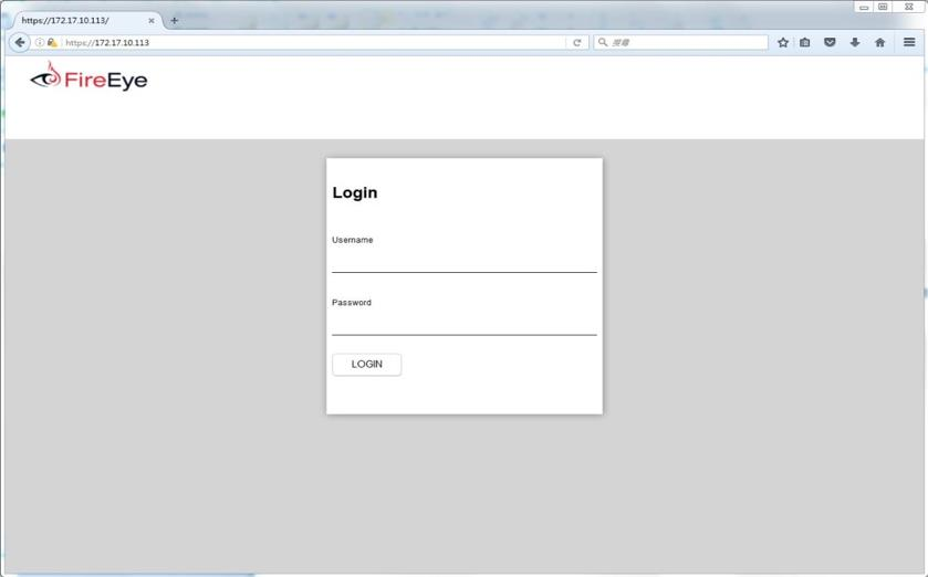 FireEye login page screenshot showing a browser window with the FireEye logo at top-left and a centered white login box labeled Login containing Username and Password fields and a LOGIN button.