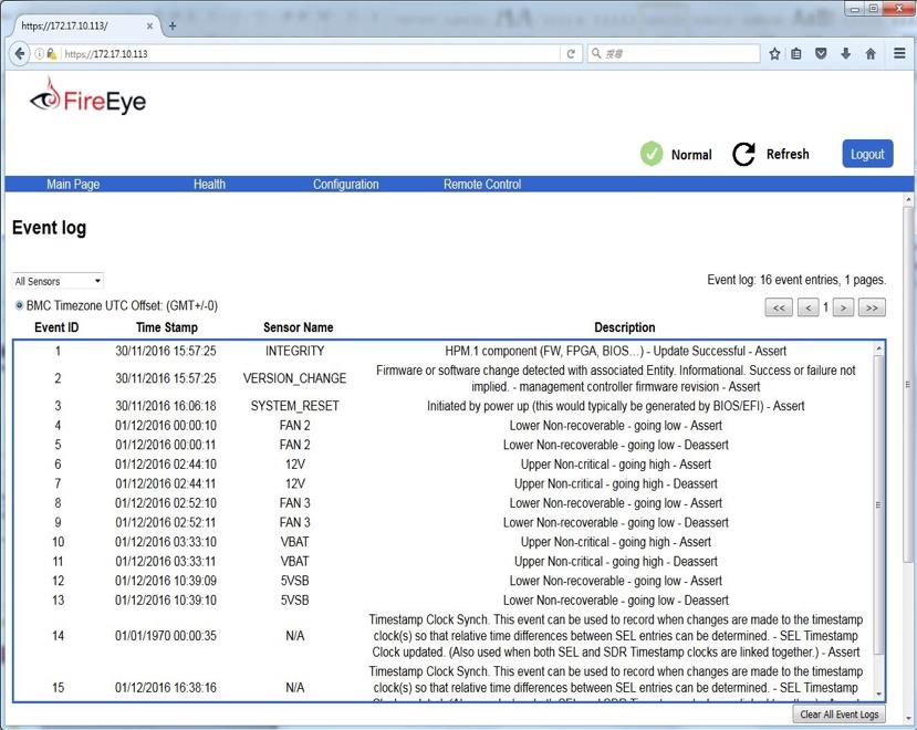 Screenshot of the FireEye web interface showing the Event Log page — a browser window with a blue navigation bar and a large scrollable table titled Event log with columns such as Event ID, Time Stamp, Sensor Name and Description and many SEL entries listed.