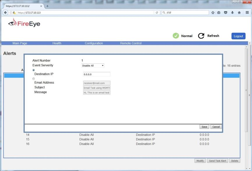 FireEye web interface screenshot showing the Alerts page with a modal alert configuration dialog open (fields: Alert Number, Event Severity, Destination IP, Email Address, Subject, Message).