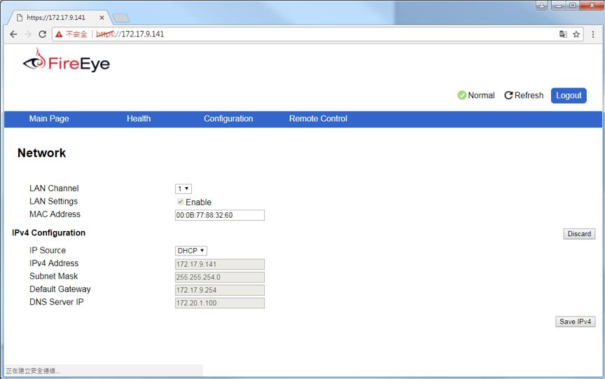 FireEye Network page screenshot showing LAN Channel, LAN Settings, MAC Address, and IPv4 Configuration section with IP Source set to DHCP and IPv4 Address field containing 172.17.9.141.