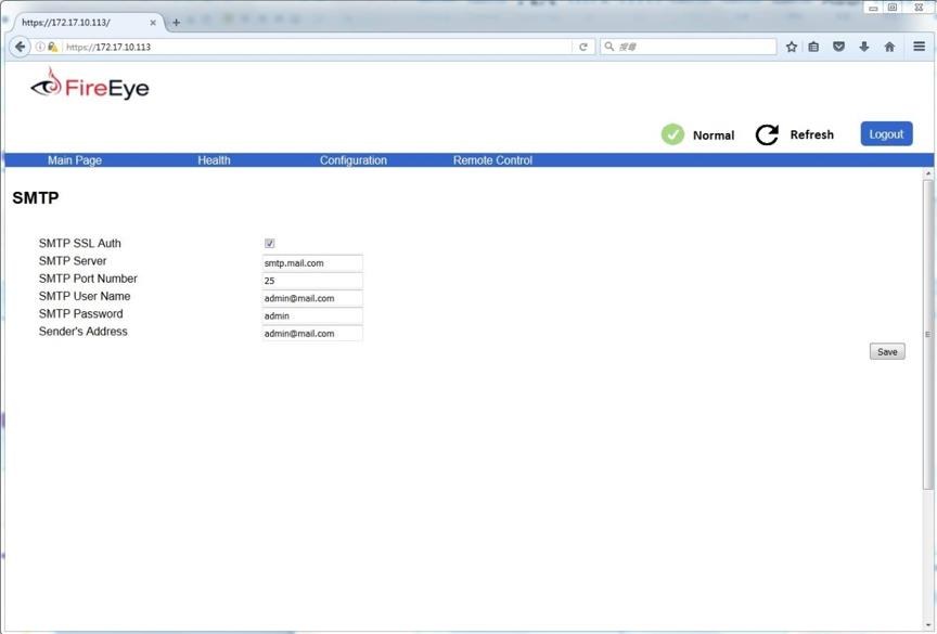Screenshot of the FireEye web interface showing the SMTP configuration page with fields such as SMTP Server, SMTP Port Number, SMTP User Name, SMTP Password, and Sender’s Address
