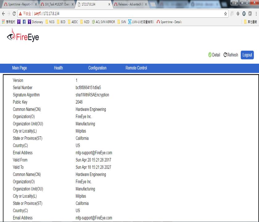 Browser screenshot of FireEye web interface showing certificate details table and top navigation with FireEye logo