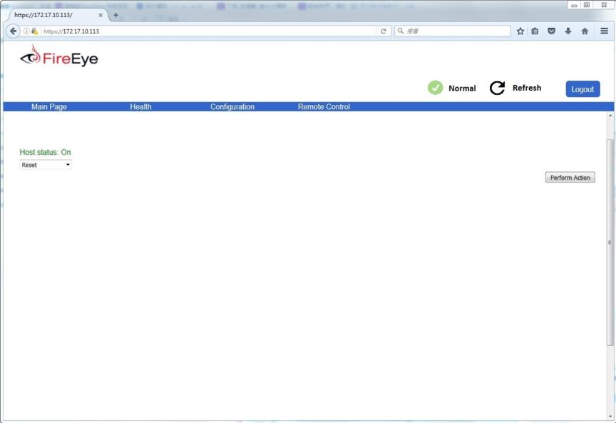 Screenshot of the FireEye web interface showing the top navigation bar, a left-side Host status: On control, and a Perform Action button on the right — IPMI Server Power Control console view.