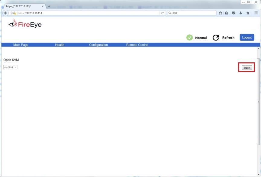 Screenshot of the FireEye web interface in a browser window showing the site header and a highlighted Open button on the right used to launch iKVM