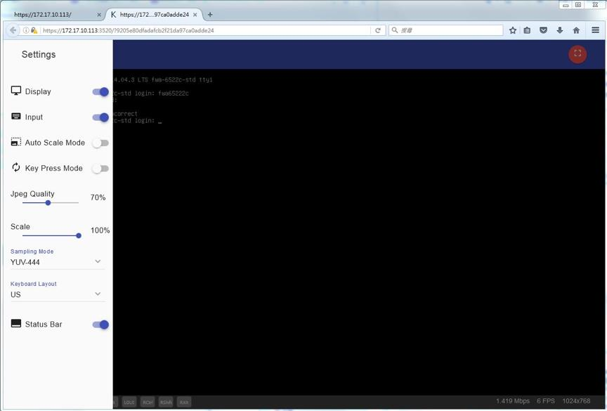 Full iKVM screen showing the iKVM settings pane on the left with toggles and sliders (Display, Input, Auto Scale Mode, Key Press Mode, Jpeg Quality, Scale) and a large black console area on the right