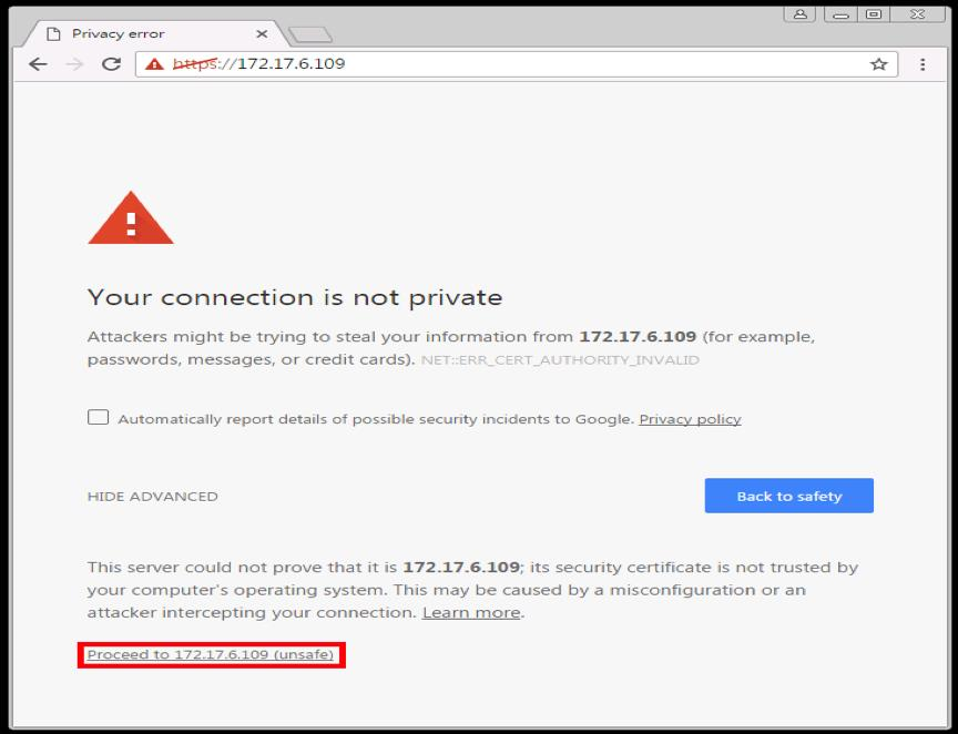 Browser security/privacy warning page titled Your connection is not private showing a red triangle icon and message, with the link text Proceed to 172.17.6.109 (unsafe) highlighted