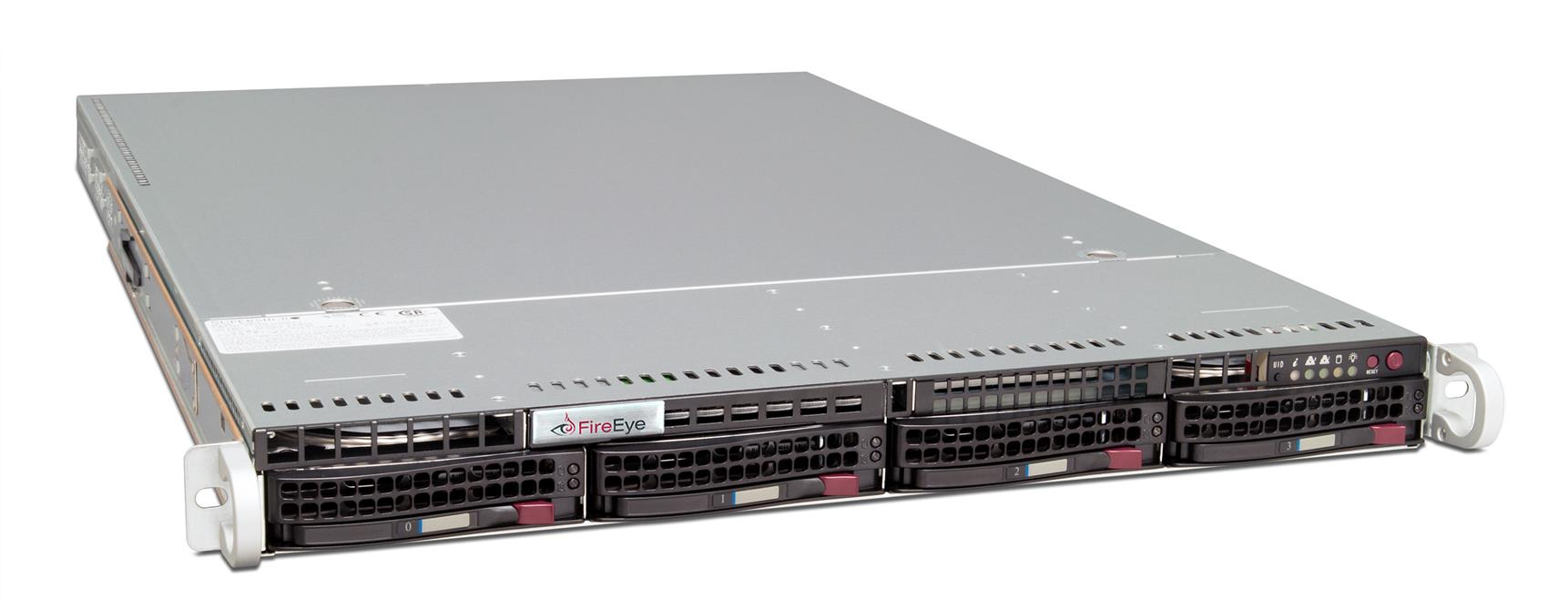 A 1U rack-mounted FireEye PX 1020EXT10 server shown at an angled top-front view, metallic gray chassis with front drive bays and ventilation grilles.