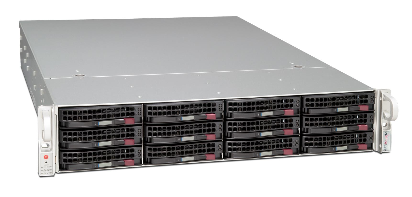 Angled top-front view of the FireEye PX 2020ESS24 chassis showing multiple drive bays and the top cover.