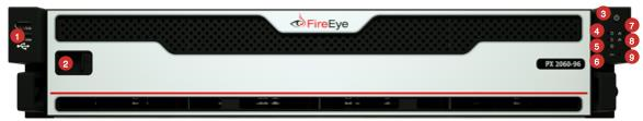 Front view of a FireEye PX 2060 appliance showing the front bezel, USB 2.0 ports, bezel release tab, power button, HDD and power LEDs, and numbered red callout markers 1 through 9 indicating each front-panel element