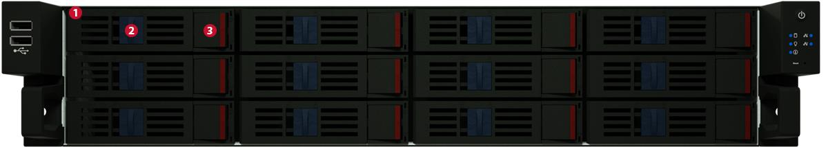 A front view of a rackmount chassis with multiple drive bays, numbered drive positions, and a control panel on the right.