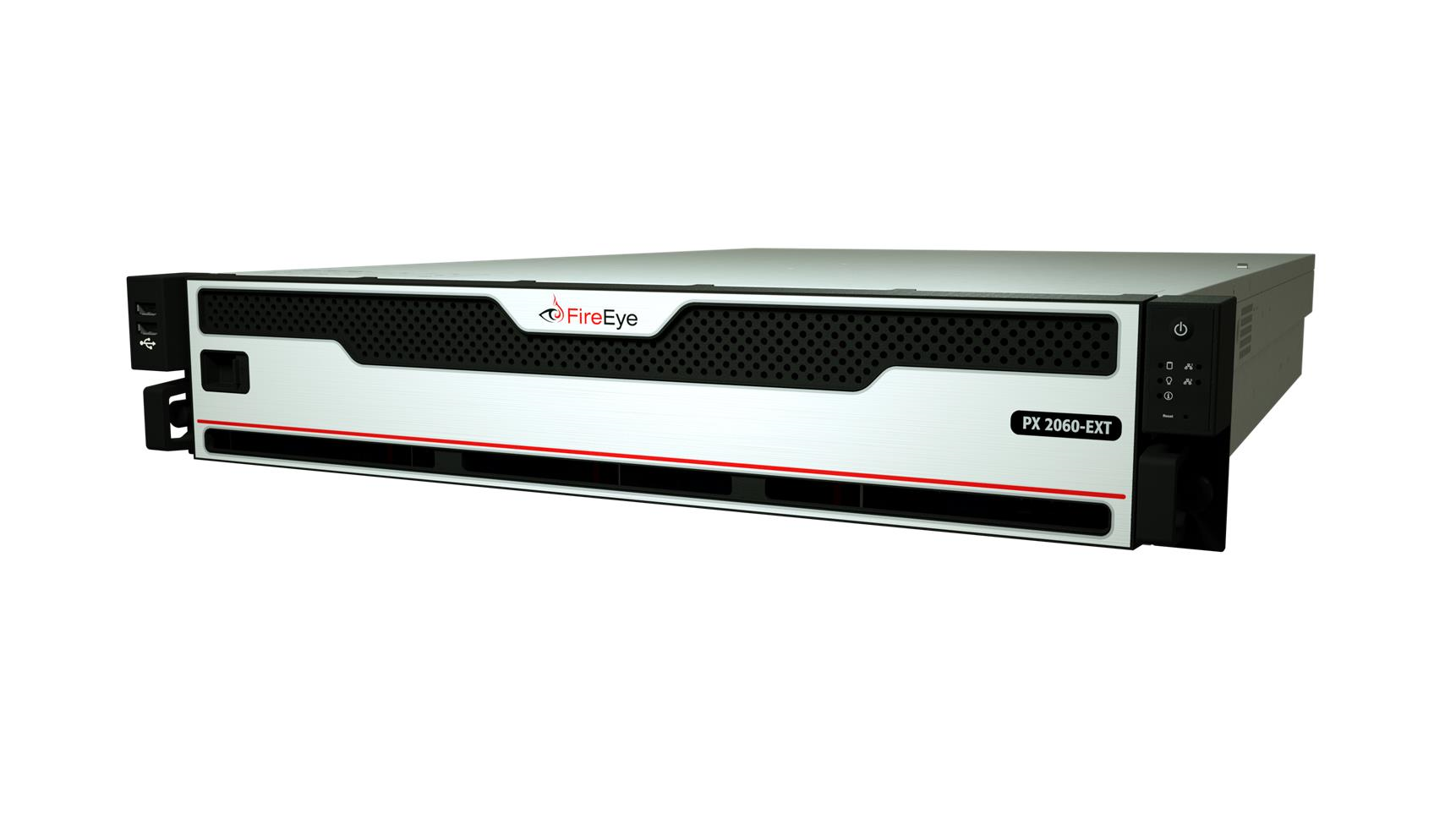 Front view of a FireEye PX 2060-EXT rackmount appliance, silver front panel with black grille and FireEye logo